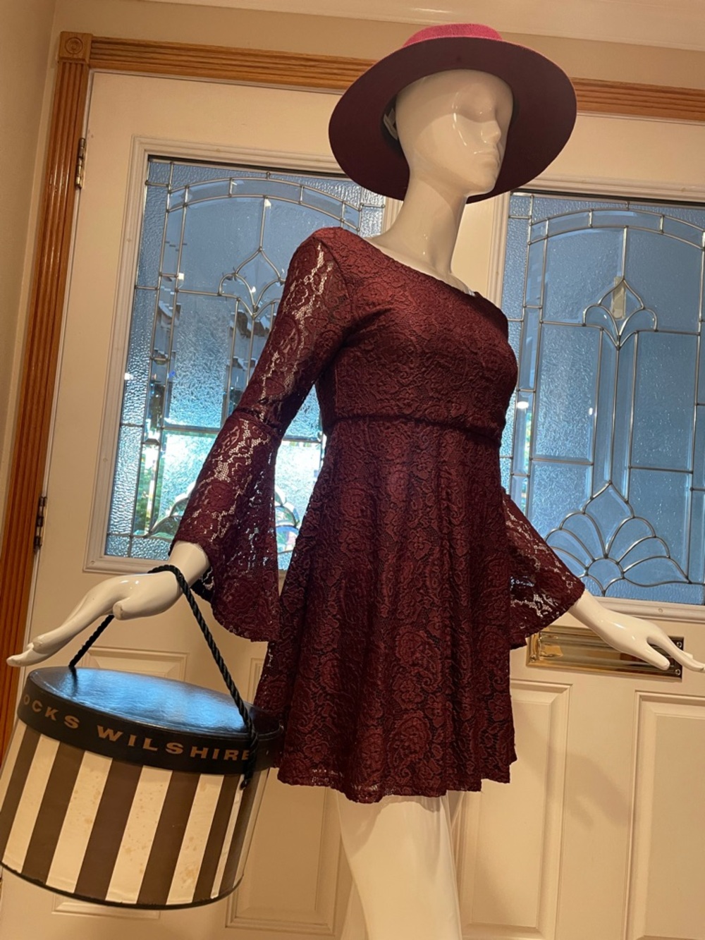 Rewind Burgundy Lace Bell-Sleeve Women’s Dress Super Cute!
